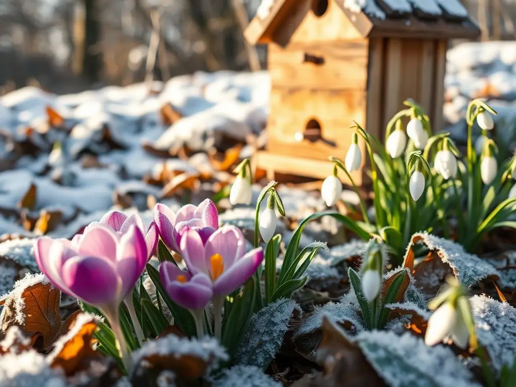 A winter garden with early-blooming flowers and a bee hotel, symbolizing winter preparation for pollinators