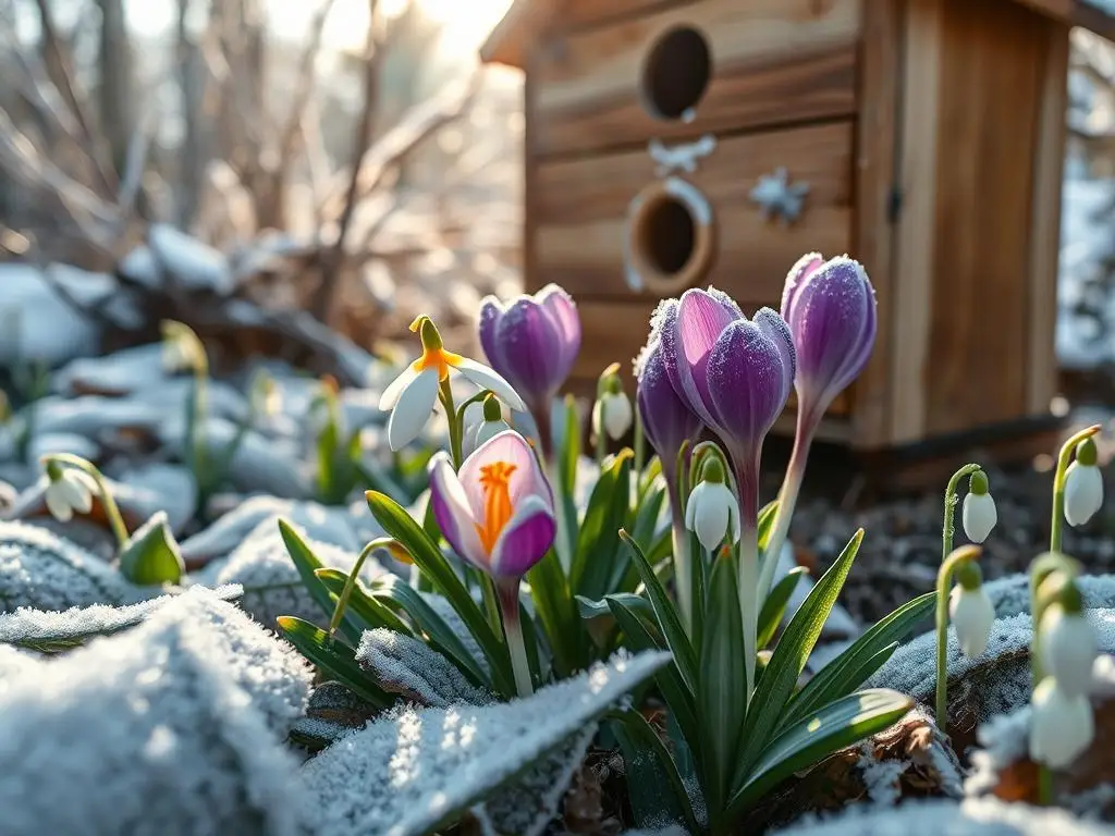 A winter garden with early-blooming flowers and a bee hotel, symbolizing winter preparation for pollinators