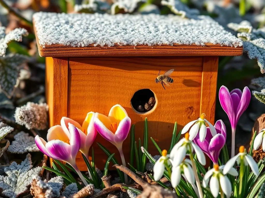 A close-up of a bee hotel surrounded by frost-covered leaves and early-blooming flowers